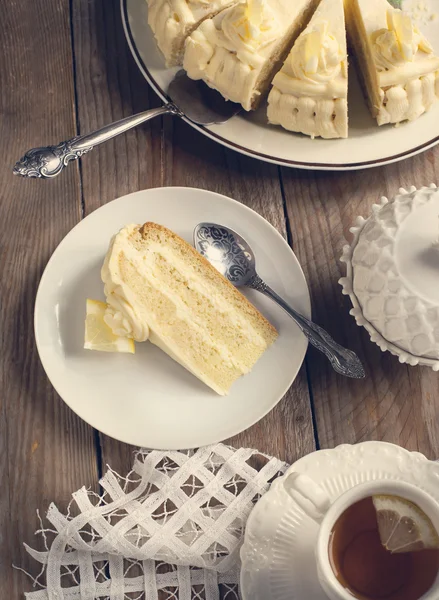 Lemon cake with mascarpone cream. Toned image — Stock Photo, Image