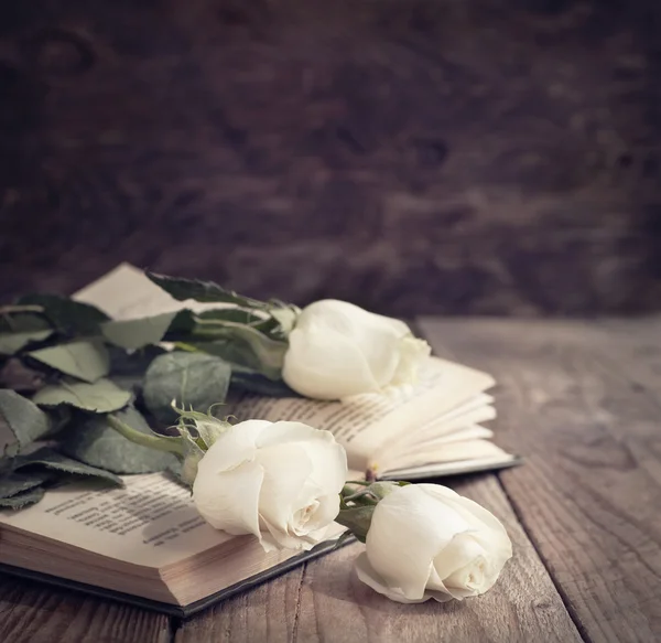 Άσπρα τριαντάφυλλα πάνω σε ένα βιβλίο σε ένα εκλεκτής ποιότητας ύφος. τονισμένο εικόνας — Φωτογραφία Αρχείου