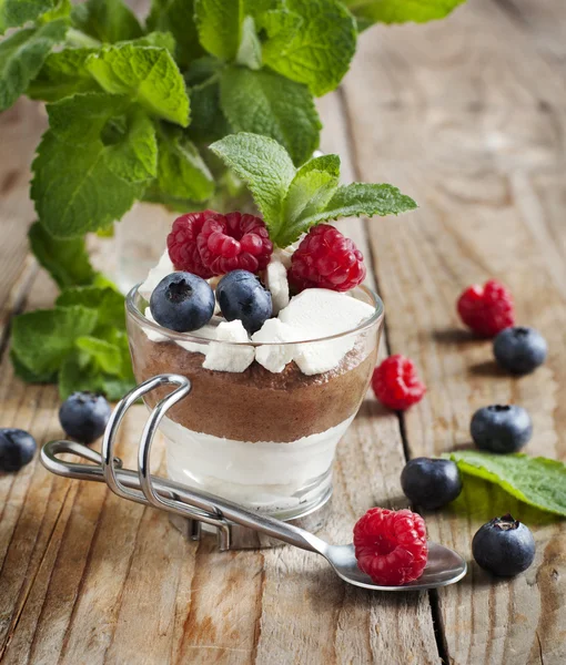 Fehér csokoládé- és tejcsokoládé mousse habcsók és bogyók — Stock Fotó