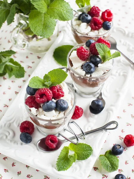 Mousse de chocolate blanco y chocolate con leche con bayas y merengue — Foto de Stock