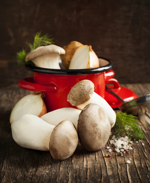 Königstrompeten-Pilze und Gemüse zum Kochen von Suppe — Stockfoto