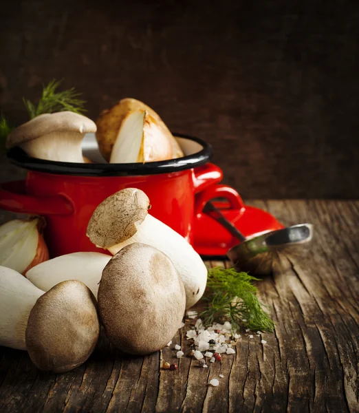 Rei trompete cogumelos e legumes para cozinhar sopa — Fotografia de Stock