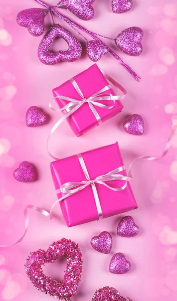 Pozdrav Valentýna Slovem Láska Růžová Srdce Kopírovat Prostor — Stock fotografie