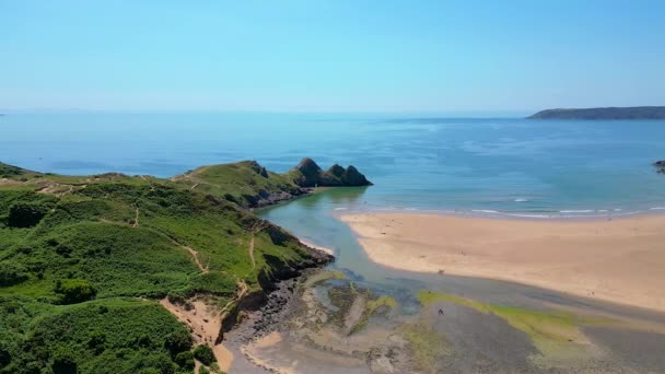 Trzy Cliffs Bay Swansea Drona Wysokiej Jakości Nagrania — Wideo stockowe