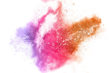 Soyut barut sıçramış arka plan. Beyaz arka planda renkli barut patlaması. Renkli bulut. Renkli toz patlar. Boya Holi.