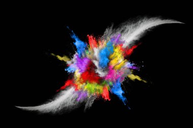Siyah bir zemin üzerinde soyut renkli toz patlaması. Soyut toz püskürtülmüş arka plan, renk tozunun patlaması / renk tozunun dondurucu hareketi, çok renkli sim dokusu.