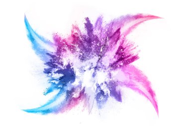 Soyut barut sıçramış arka plan. Beyaz arka planda renkli barut patlaması. Renkli bulut. Renkli toz patlar. Boya Holi.