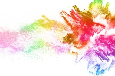 Soyut barut sıçramış arka plan. Beyaz arka planda renkli barut patlaması. Renkli bulut. Renkli toz patlar. Boya Holi.