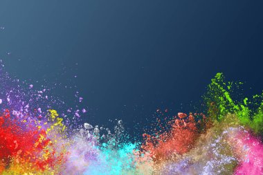 Mavi arka planda soyut renkli toz patlaması