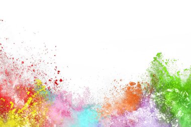 Soyut barut sıçramış arka plan. Beyaz arka planda renkli barut patlaması. Renkli bulut. Renkli toz patlar. Boya Holi.