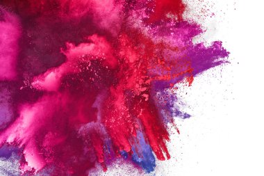 Soyut barut sıçramış arka plan. Beyaz arka planda renkli barut patlaması. Renkli bulut. Renkli toz patlar. Boya Holi.