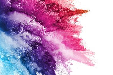 Soyut barut sıçramış arka plan. Beyaz arka planda renkli barut patlaması. Renkli bulut. Renkli toz patlar. Boya Holi.