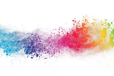 Soyut barut sıçramış arka plan. Beyaz arka planda renkli barut patlaması. Renkli bulut. Renkli toz patlar. Boya Holi.