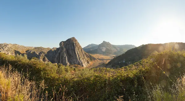 Smukt panoramabillede af det fantastiske klippefyldte bjerglandskab i Sierra de Grazalema Natural Park ved solnedgang. Sten og fyrretræer. Blå himmel. Andalusien. Spanien . - Stock-foto