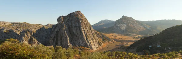 Beautiful panoramic photo of the amazing rocky mountain landscape of Sierra de Grazalema Natural Park at sunset. Rocks and pine trees. Blue sky. Andalusia. Spain. — Stock Photo, Image