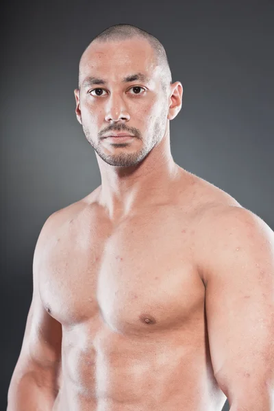 Homem de fitness musculado sem camisa. Boa aparência. Um tipo duro. Olhos castanhos. Careca. Pele bronzeada. Estúdio tiro isolado em fundo cinza . — Fotografia de Stock