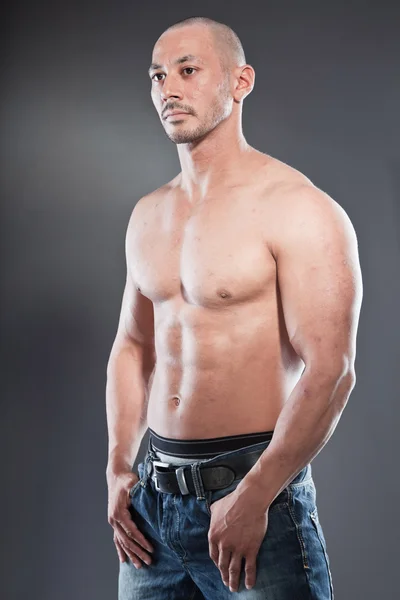 Shirtless muscled fitness man. Cool looking. Tough guy. Brown eyes. Bald. Tanned skin. Studio shot isolated on grey background. — Stock Photo, Image