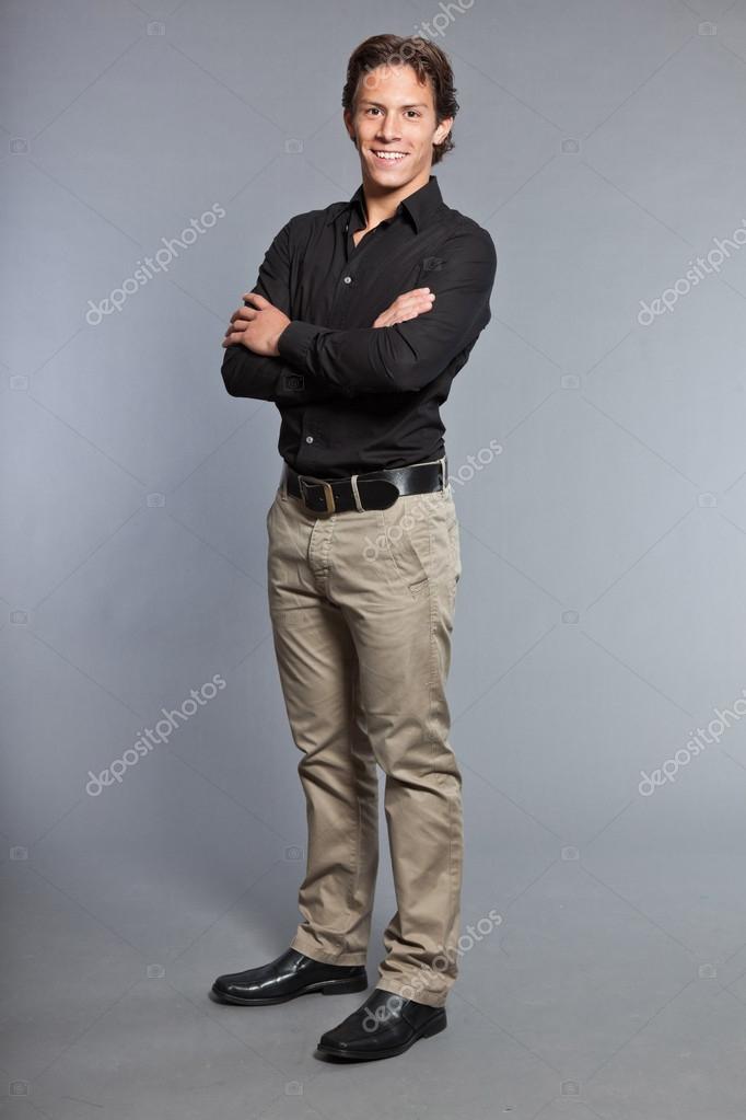 black shirt beige pants
