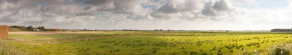 Panoramiczny strzał typowy holenderski użytków rolnych z gospodarstwa i niebieski burzliwy pochmurnego nieba. — Zdjęcie stockowe