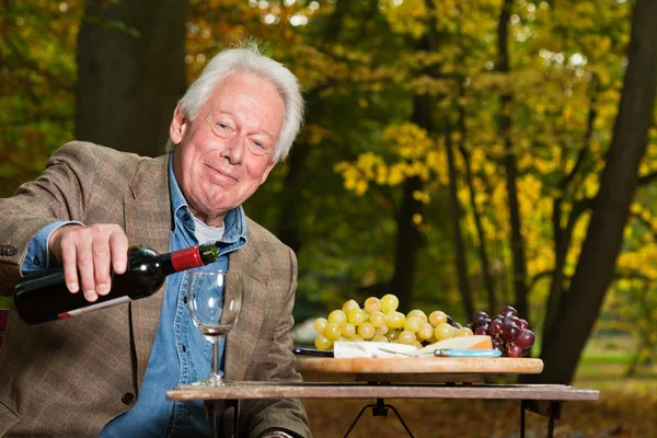 Starszych ludzi korzystających z czerwonego wina na świeżym powietrzu w jesień las. — Zdjęcie stockowe
