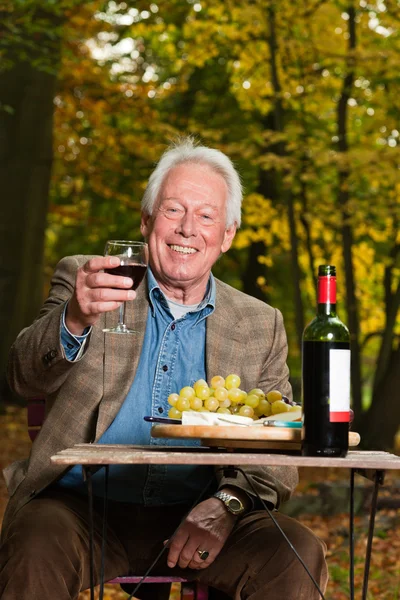 Homem sênior desfrutando de uvas e queijo ao ar livre na floresta de outono . — Fotografia de Stock