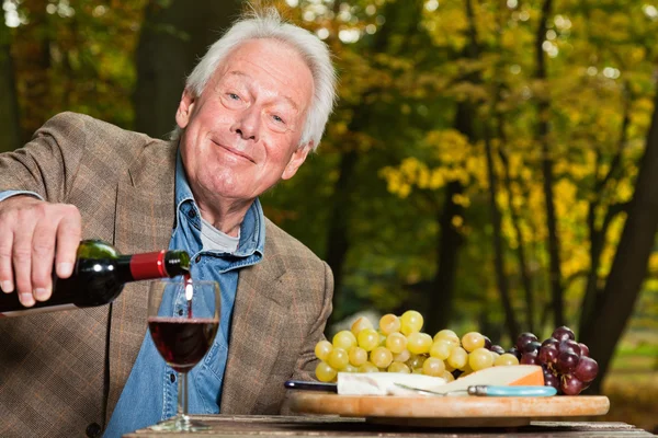 Старший чоловік насолоджується виноградом і сиром на відкритому повітрі в осінньому лісі . — стокове фото