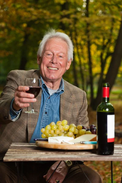 Seniorchef genießt Trauben und Käse im herbstlichen Wald. — Stockfoto