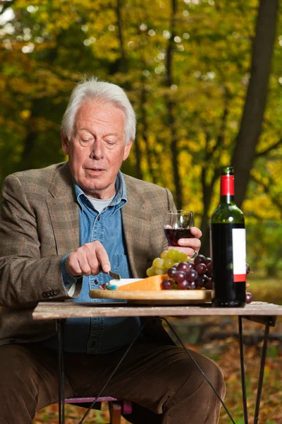 Senior man enjoying grapes and cheese outdoors in autumn forest. — Stock Photo, Image