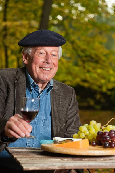 Üst düzey Fransız adam kırmızı şarap keyfi. — Stok fotoğraf