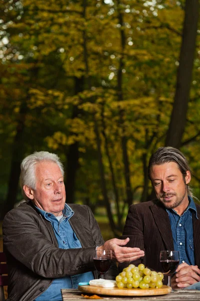 Senior et jeune homme dégustant du vin rouge et du fromage . — Photo