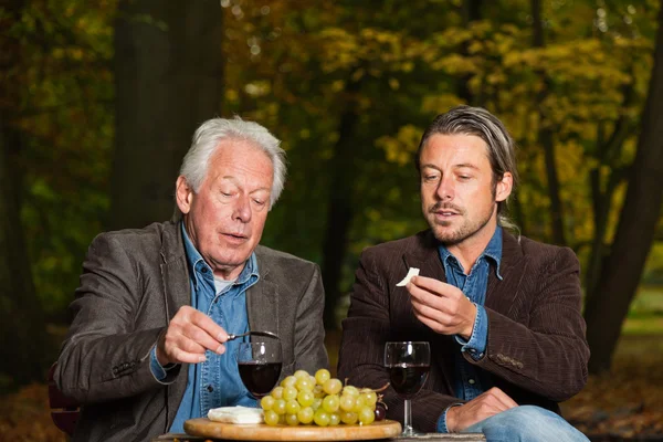 Senior e jovem desfrutando de vinho tinto e queijo . — Fotografia de Stock