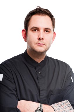 zenci aşçı ceketi ile genç erkek aşçı.