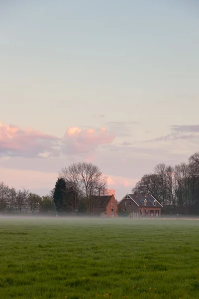 Meadow with house in the mist at sunset. Cloudy sky. Spring time. City skyline.