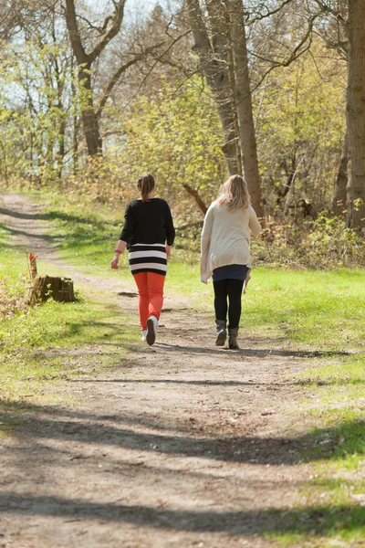 Two women walking on path in spring forest.