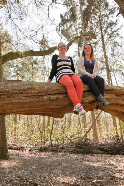 Két fiatal nő birtoklás móka, erdő. — Stock Fotó