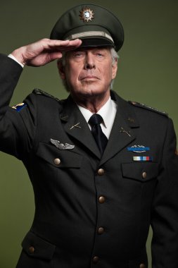 US military general wearing cap. Salutation. Studio portrait. clipart