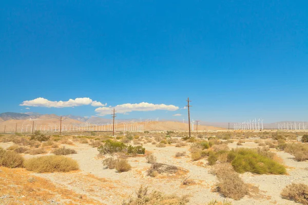 Windmill park in desert landscape with blue cloudy sky. USA. Cal — Stock Photo, Image