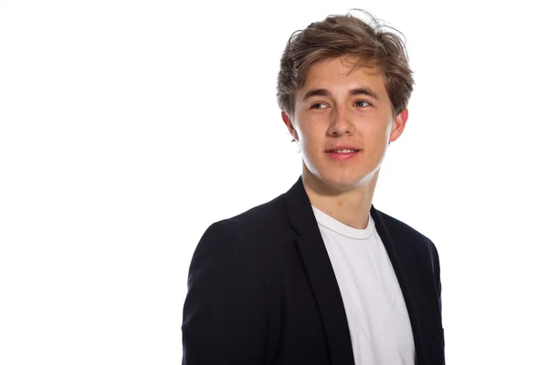 Joven hombre de negocios sonriente con chaqueta azul aislado en blanco . —  Fotos de Stock