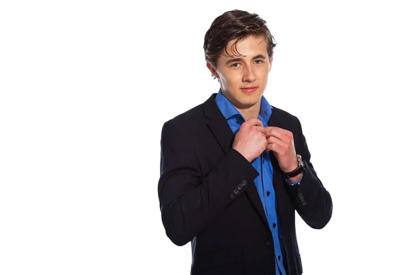 Jonge zakenman dragen blauwe shirt en jas. geïsoleerd op wh — Stockfoto