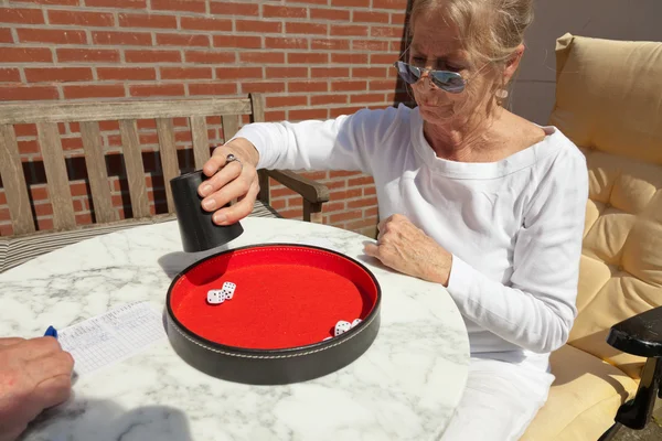 Seniorenpaar beim Würfelspiel im Garten. yahtzee. — Stockfoto