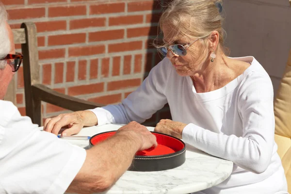 Casal sênior jogando jogo de dados ao ar livre no jardim. Yahtzee. . — Fotografia de Stock