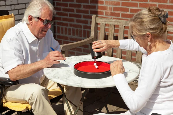 Senior koppel spelen dobbelstenen spel buiten in de tuin. Yahtzee. — Stockfoto