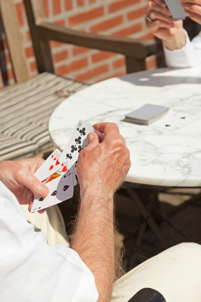 Старша пара грає в карткову гру на відкритому повітрі в саду . — стокове фото