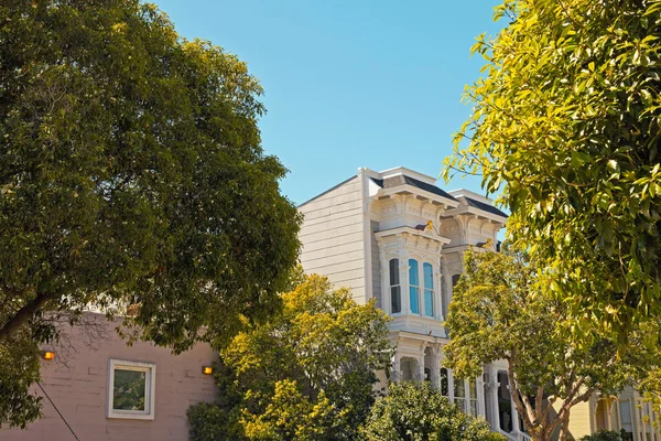 Close-up de uma casa vitoriana com árvores em São Francisco. Azul — Fotografia de Stock
