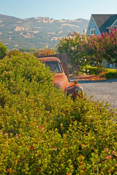 Staré rezavé pickup truck stojící v krajině vinařství s modrými sk — Stock fotografie