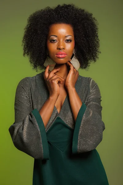 Sensual retro seventies fashion afro woman with green dress. Gre — Stock Photo, Image