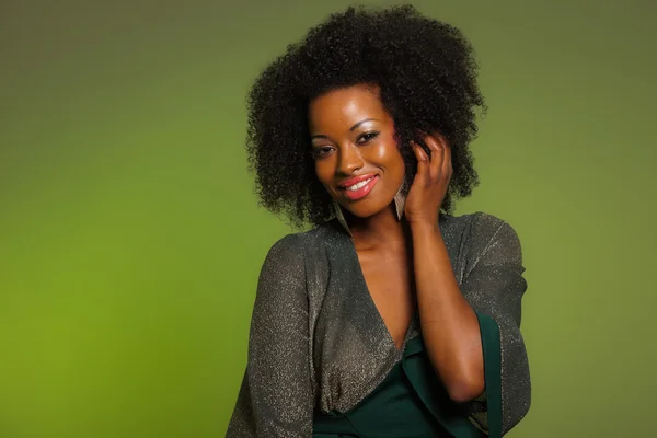 Sensual retro seventies fashion afro woman with green dress. Gre — Stock Photo, Image