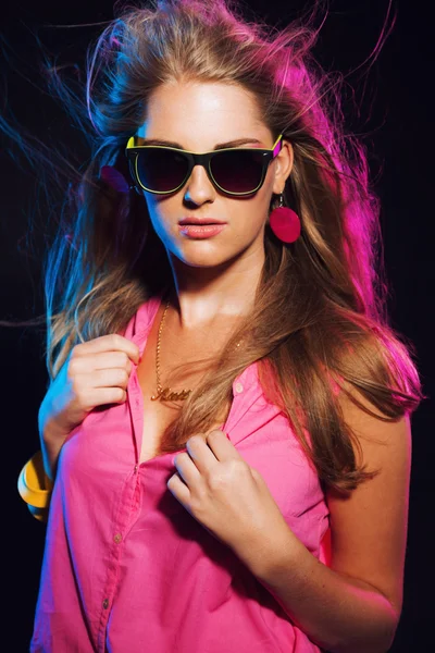 Sensual retro 80s fashion disco girl with long blonde hair and s — Stock Photo, Image