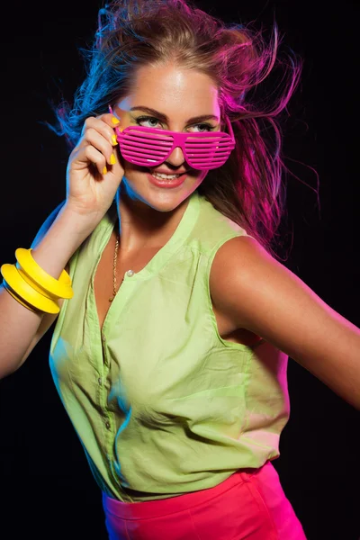 Sexy vintage 80s fashion disco girl with long blonde hair and pi — Stock Photo, Image