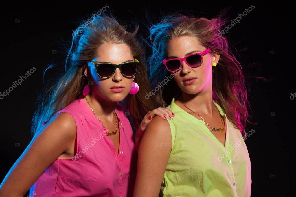 Two Sexy Retro 80s Fashion Girls With Long Blonde Hair And Sungl Stock Photo Image By C Ysbrand